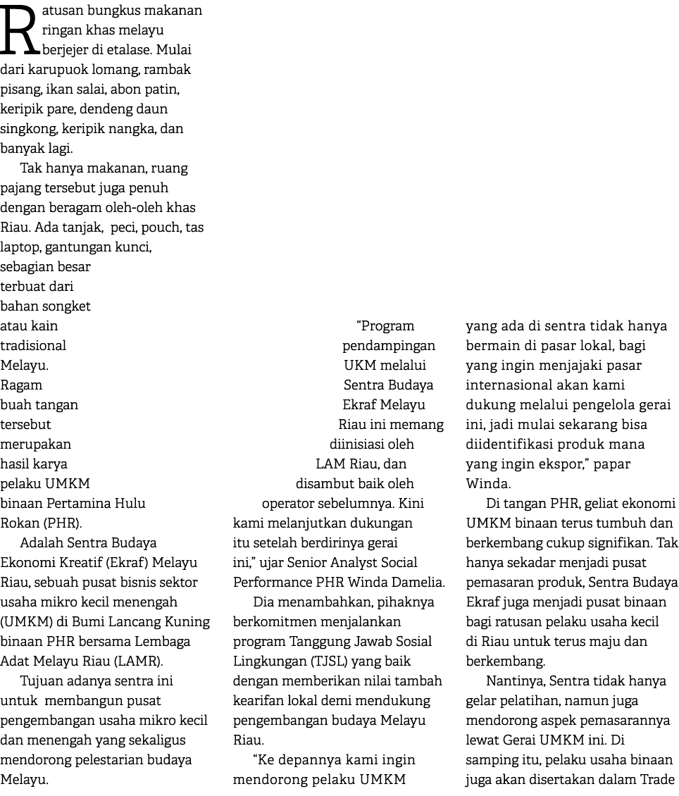 Ratusan bungkus makanan ringan khas melayu berjejer di etalase. Mulai dari karupuok lomang, rambak pisang, ikan salai...