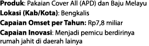 Produk: Pakaian Cover All (APD) dan Baju Melayu Lokasi (Kab/Kota): Bengkalis Capaian Omset per Tahun: Rp7,8 miliar Ca...