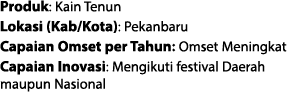 Produk: Kain Tenun Lokasi (Kab/Kota): Pekanbaru Capaian Omset per Tahun: Omset Meningkat Capaian Inovasi: Mengikuti f...