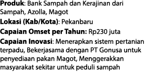 Produk: Bank Sampah dan Kerajinan dari Sampah, Azolla, Magot Lokasi (Kab/Kota): Pekanbaru Capaian Omset per Tahun: Rp...