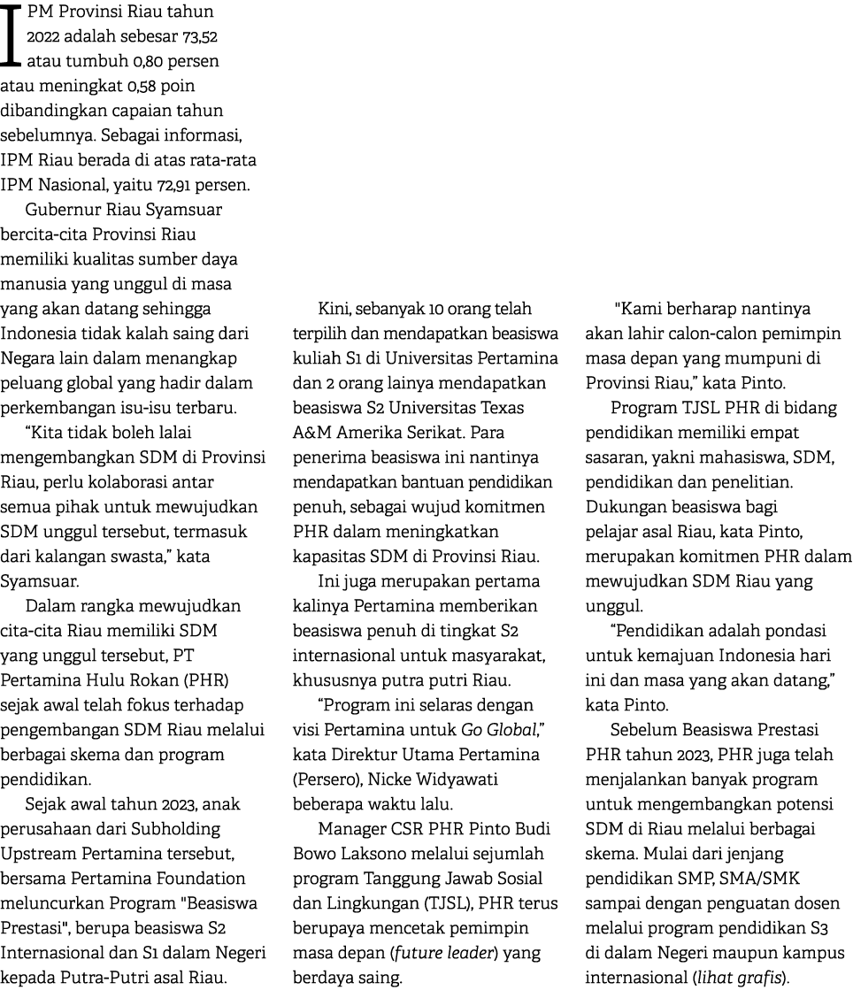 IPM Provinsi Riau tahun 2022 adalah sebesar 73,52 atau tumbuh 0,80 persen atau meningkat 0,58 poin dibandingkan capai...
