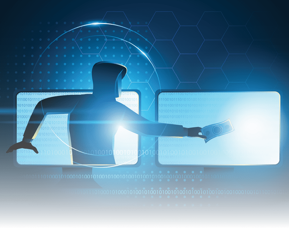 Vector illustration of a scammer stealing money, concept of cyber crime, malware, virus, and cyber security