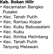 Kab. Rokan Hilir • Kecamatan Bangko Pusako • Kec. Tanah Putih • Kec. Rantau Kopar • Kec. Kubu Babussalam • Kec. Kubu ...
