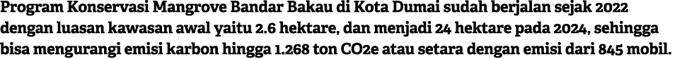 Program Konservasi Mangrove Bandar Bakau di Kota Dumai sudah berjalan sejak 2022 dengan luasan kawasan awal yaitu 2.6...