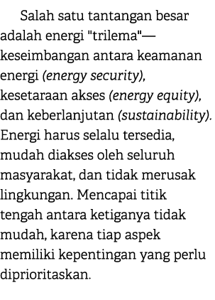 Salah satu tantangan besar adalah energi \“trilema\"—keseimbangan antara keamanan energi (energy security), kesetaraa...