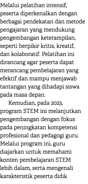 Melalui pelatihan intensif, peserta diperkenalkan dengan berbagai pendekatan dan metode pengajaran yang mendukung pen...